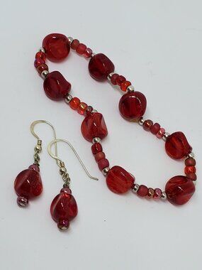 Sterling Silver & Bold Ruby Red Glass Bead Bracelet & Dangle Earrings Set